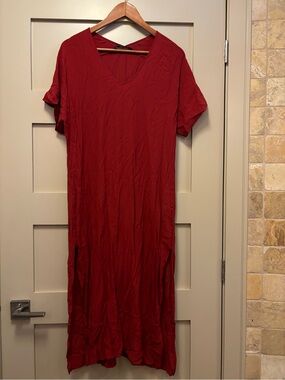 ZARA Viscose Long Dress Kaftan Short Sleeve Fluid Relaxed V Neck Coverup Brick